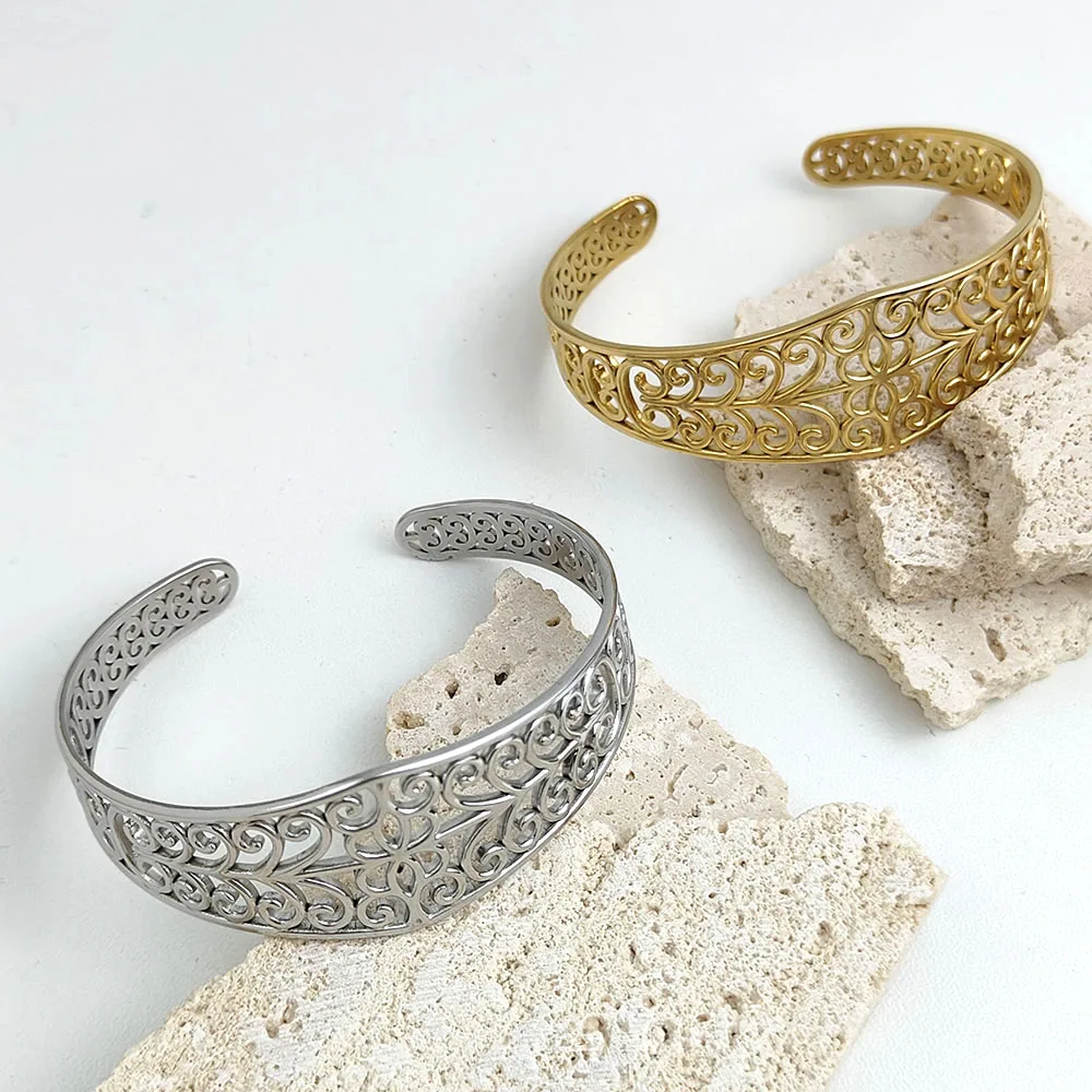 أساور جديدة منحوتة على شكل زهرة، أساور نسائية أنيقة من الفولاذ المقاوم للصدأ مخصصة، مجوهرات قديمة، تصميم مفتوح، هدايا للنساء #5