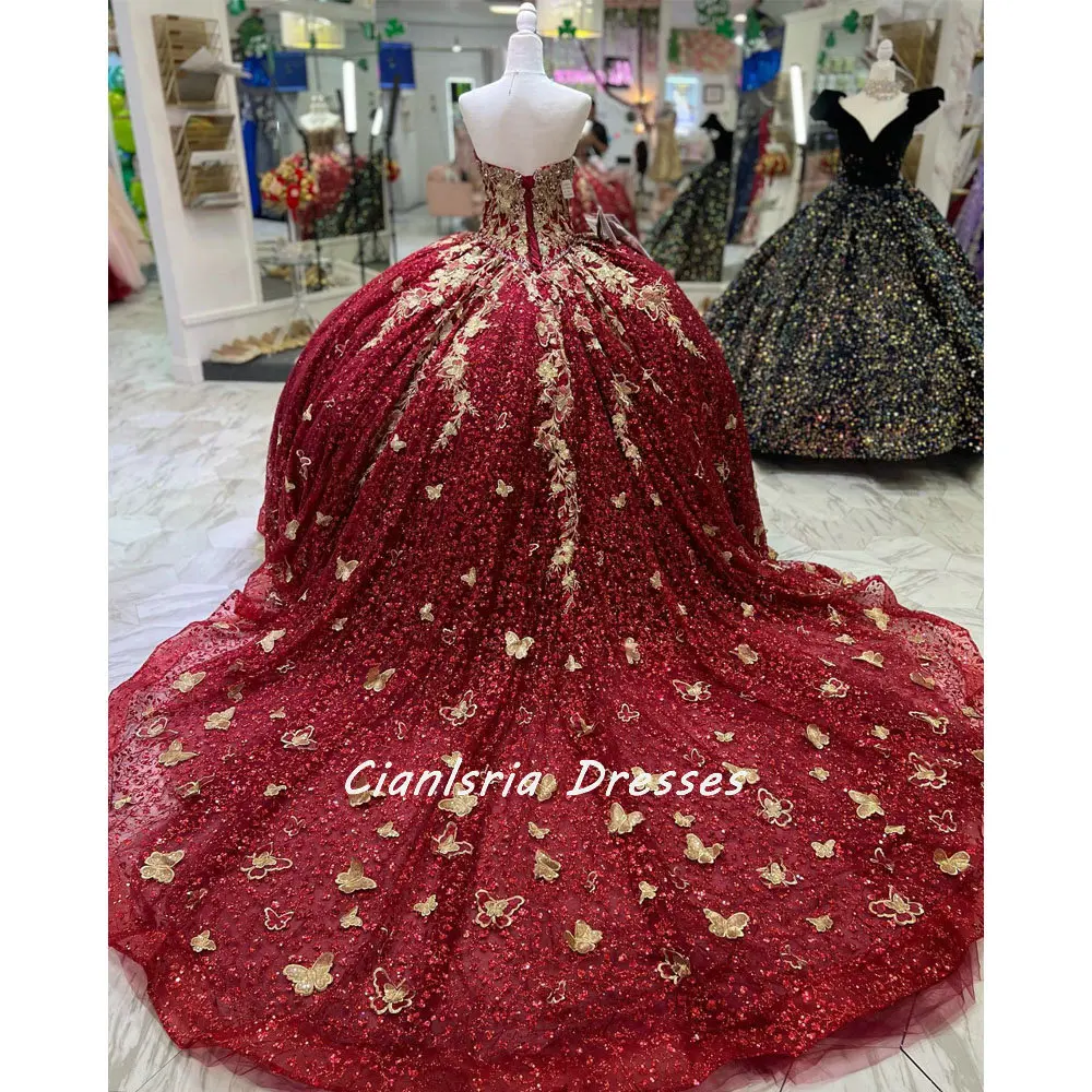 Vestidos de quinceañera con lentejuelas de cristal rojo oscuro, vestido de baile, apliques dorados, corsé de mariposa 3D, Para XV Años