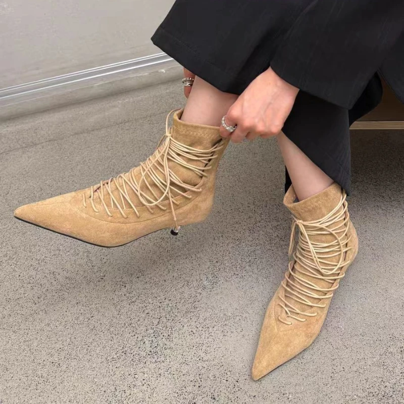 

New Retro Womens Boots Fashion Lace Suede Ankle Boots Elegant Pointed Tip High Heeled Boots for Woman Designer Shoes Botas Mujer