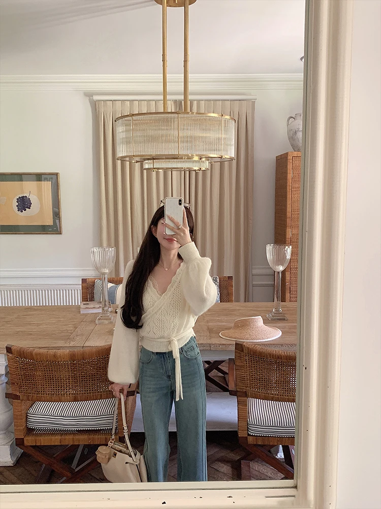 

Gold Musoom Soft Hearted Crochet Flower Open Cardigan Set with Embroidered Skirt Korean Sle Loose Fit Wool Blend