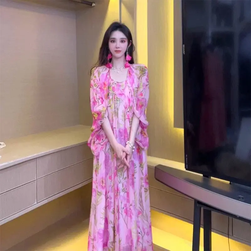 Premium Muse Fan Floral Dress 2025 Summer New Large Size Loose Seaside Resort Beach Dress  LOOSE FIT
