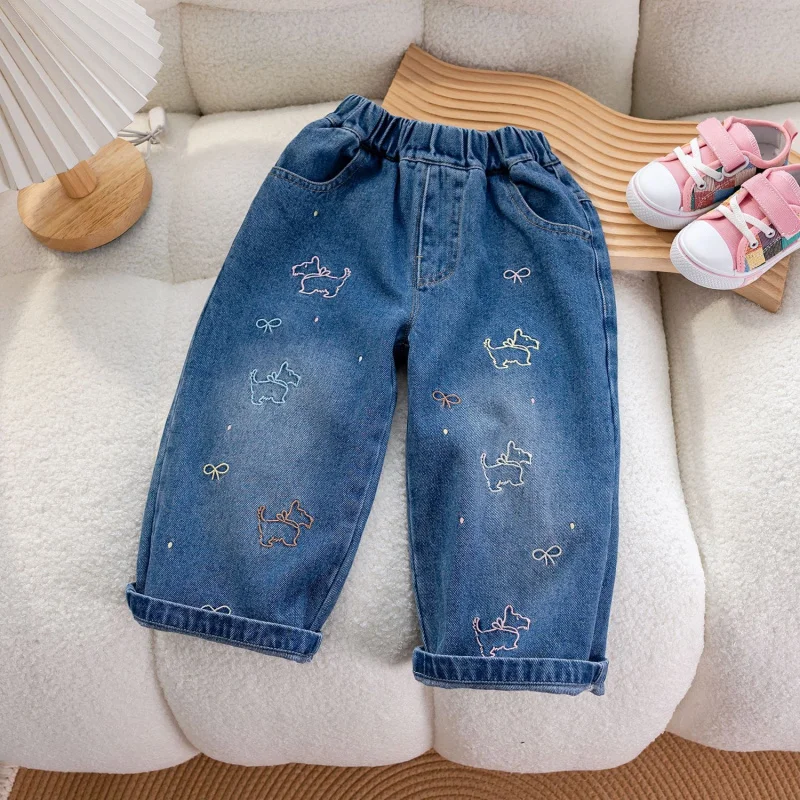 Kxkm-Girls' Autumn Korean Style Cute Cartoon Embroidery Dog Pants24New Baby Fashionable Stylish Wide Leg Jeans