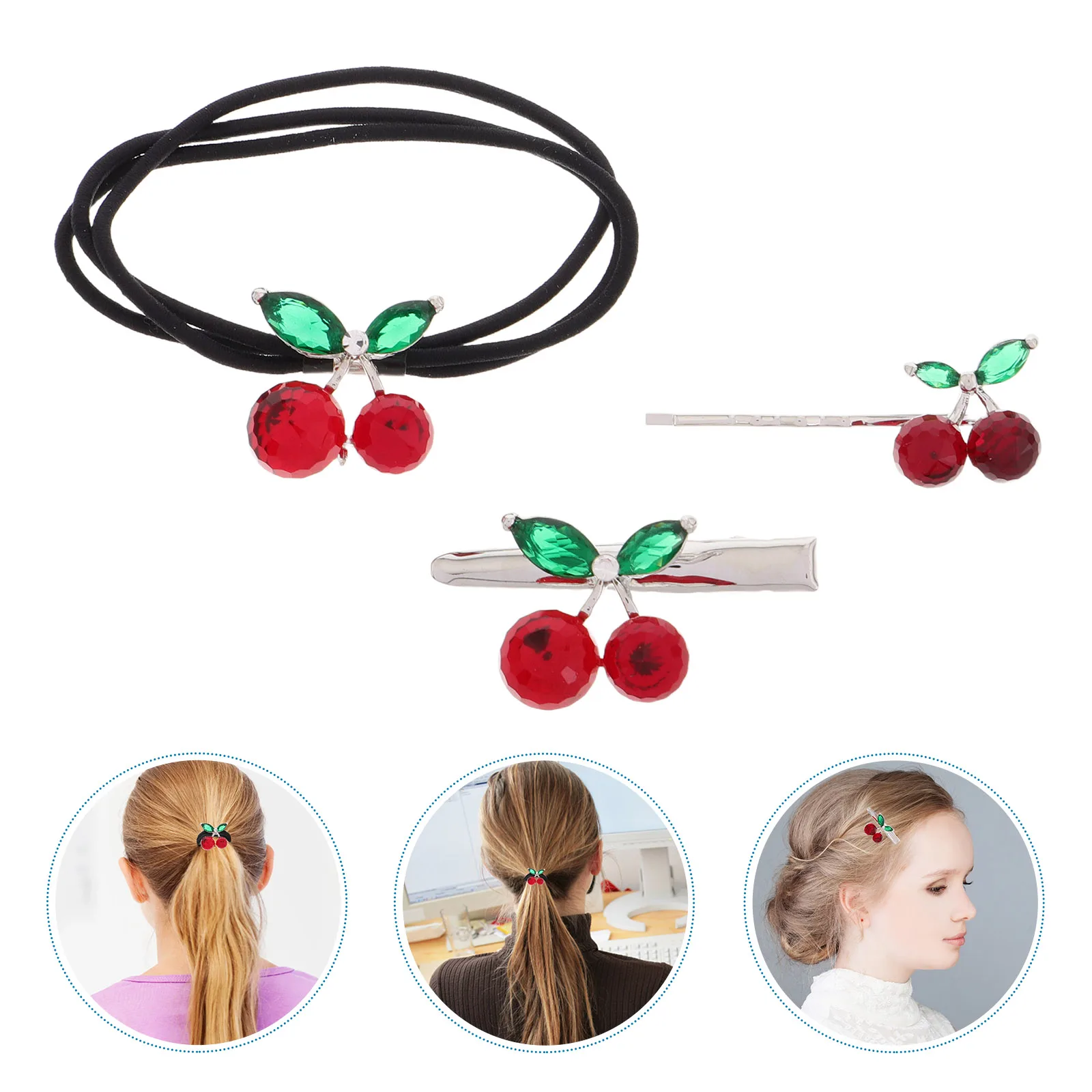

1 Set Hair Clips Elegant Crystal Ponytail Holders Girls Women Soft Material Wedding Party Cherry Shape Accessories