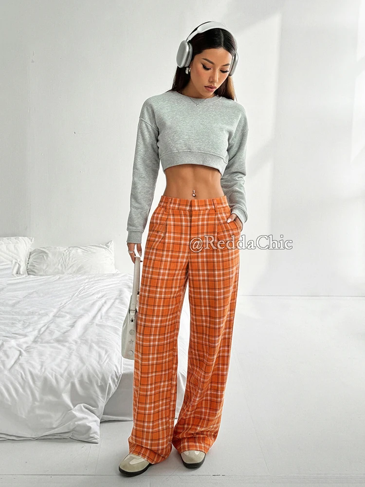 REDDACHiC Pantaloni scozzesi alla moda a gamba larga Pantaloni da ufficio vintage pieghettati sul davanti Tasche a vita alta Pantaloni svasati Salotto Abbigliamento donna