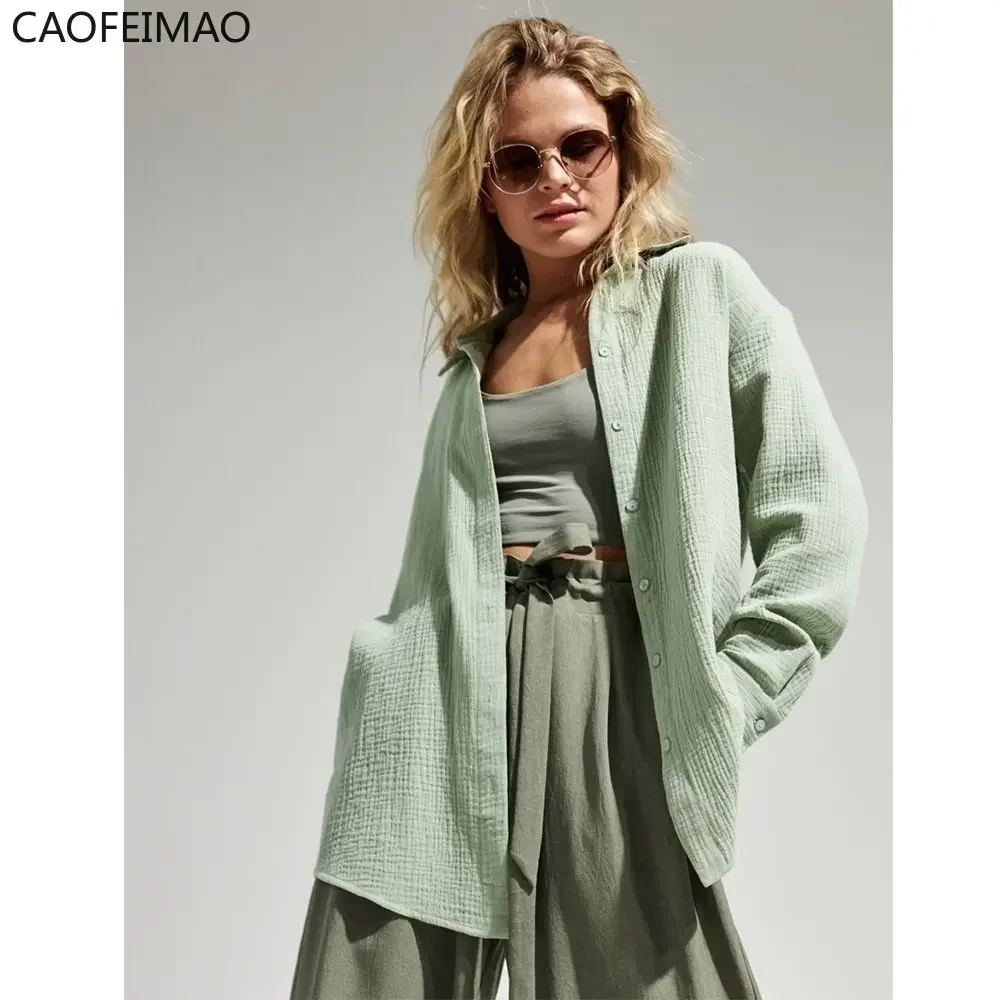 2025 Women's Spring Summer 100% Cotton Shirts Office Lady  Fashionable Solid Lady Long Sleeve Loose Tops Crepe Shirts