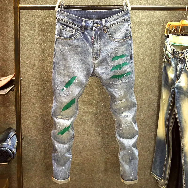 

Skinny Male Cowboy Pants Slim Fit Men's Jeans Tight Pipe with Print Trousers Soft Clothes Y2k 2000s Luxury Korean Fashion Denim