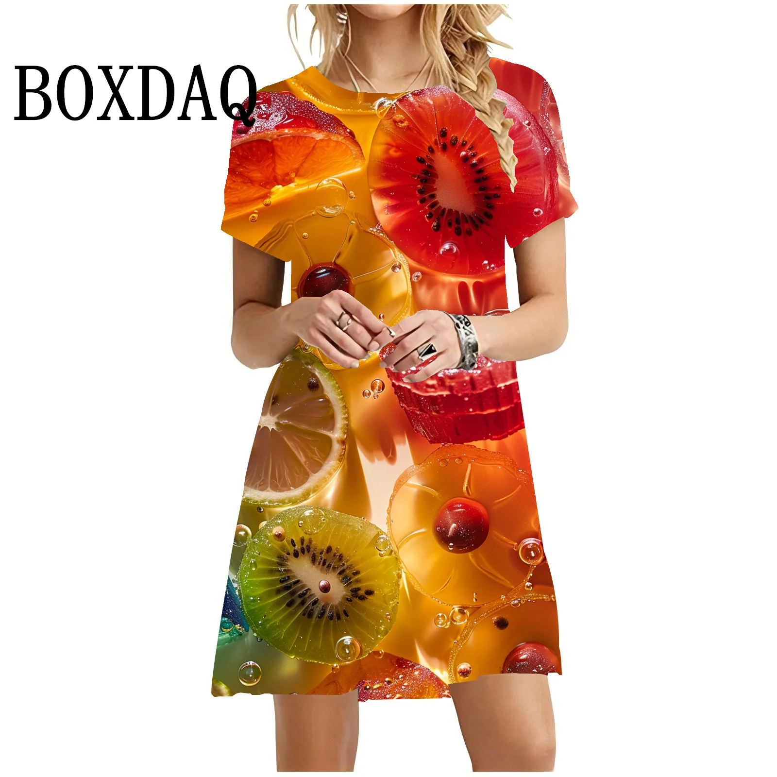 New 2024 Women's Summer Dresses Sweet Style Kiwifruit Fruit 3D Print Dresses Casual Daily O-Neck Short Sleeve Leisure Mini Dress