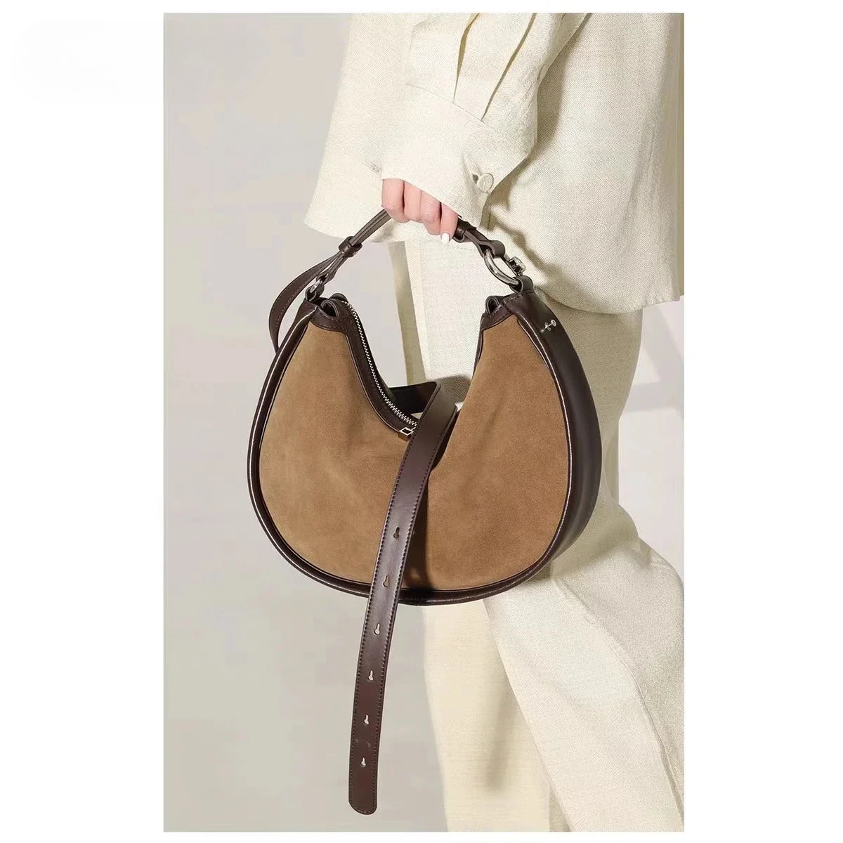 

Crescent Bag Coffee New Genuine Suede Leather Frosted Leather Women's Handbag Shoulder Bag Fashionable and Simple