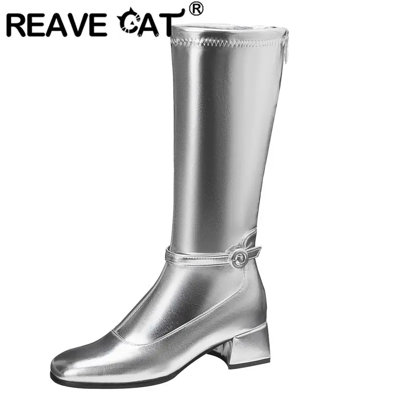 

REAVE CAT 2025 Блестящие женские сапоги до колена с квадратным носком на толстом каблуке 4,5 см, застежка-молния, пряжка ремня, большие размеры 44 45 46 Soft Daily Bota