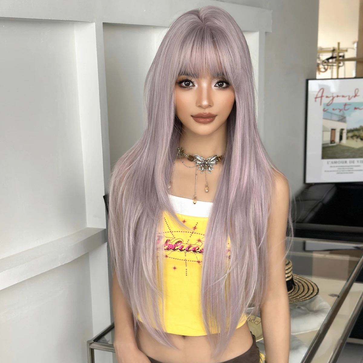 NAMM Medium Length Ash Purple Wig for Women Straight Wigs With Bangs Dark Root Fluffy Natural Wig Synthetic Fiber Wig