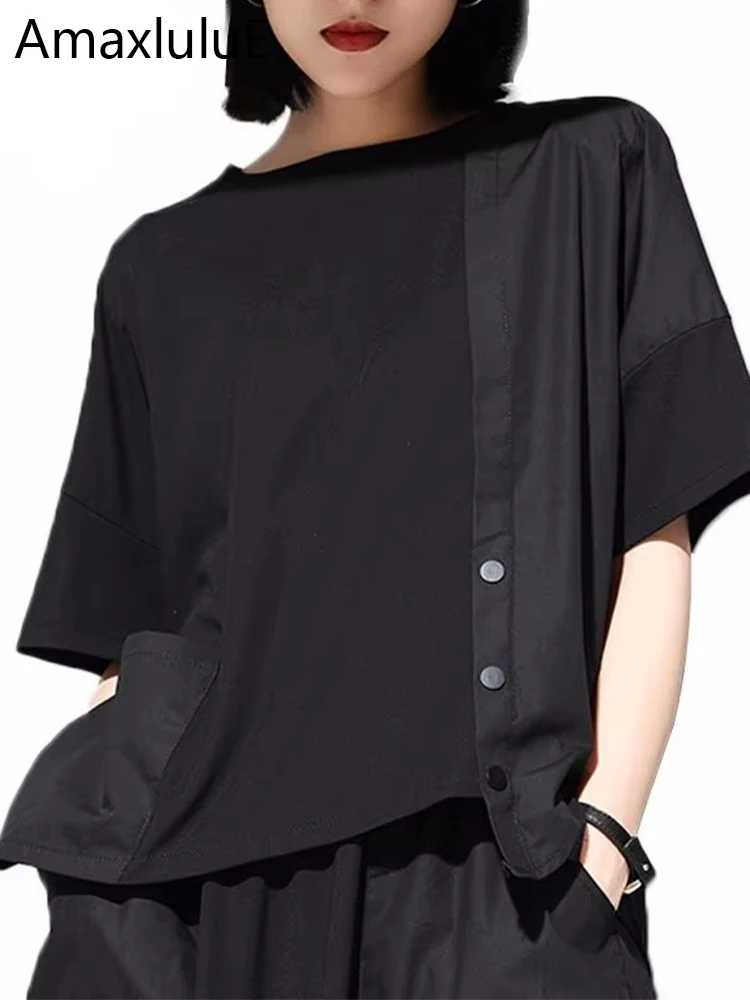 Amax luluE Summer Luxury Korean Fashion Brand Ladies Crop Tops Tees Women Patchwork Oversized Black Tshirt Loose Kawaii T Shirts