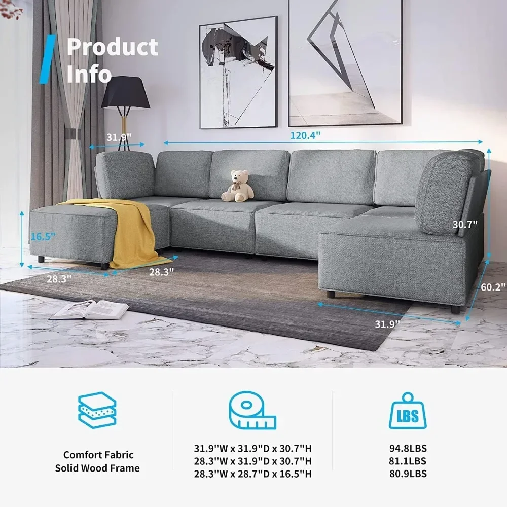 Convertible U Shaped Sofa with Ottoman Linen Fabric L Shaped Couch Variable Modular Sectional Sofa Couches for Living Room