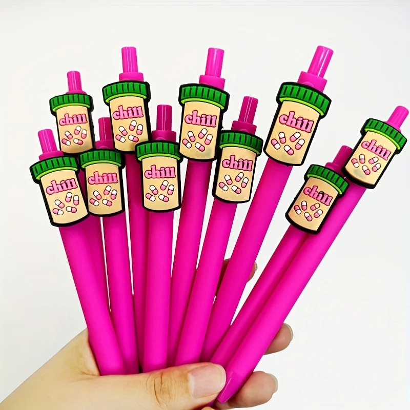 

8/12Pcs Medical Pen with Medication Bottle Design - Soft Rubber Round Head Pens in Pink Series, Student Gift Pens