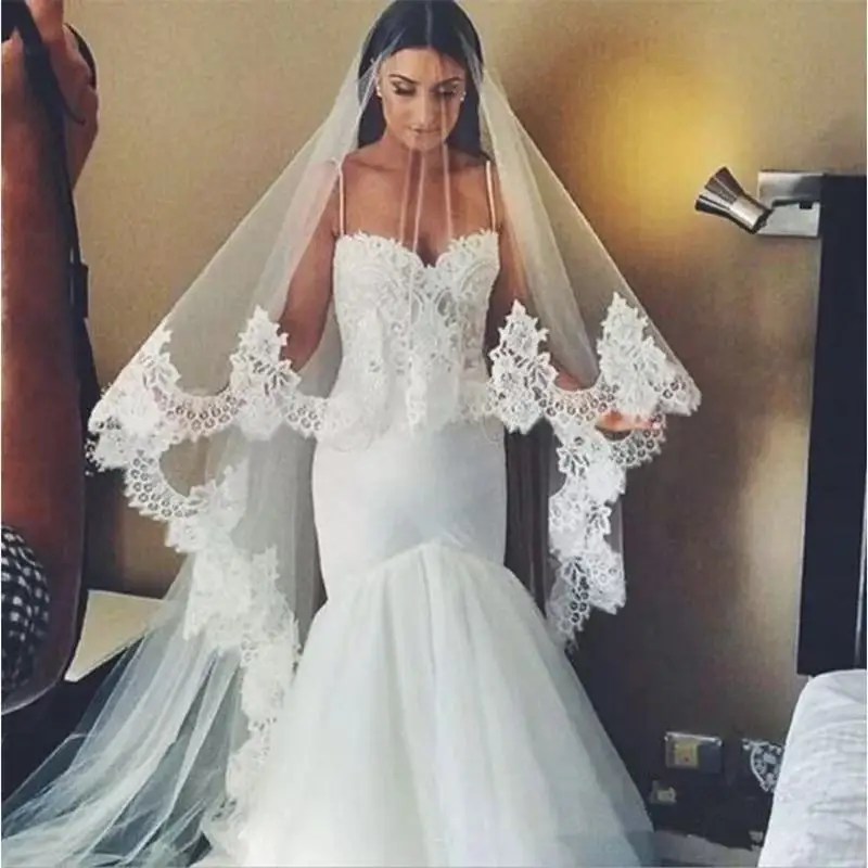 

Двухслойная соборная фата белого цвета слоновой кости по индивидуальному заказу, 4 м, фата с кружевными аппликациями, свадебная фата с кружевными краями, Vestido De Noiva