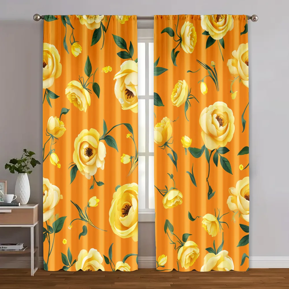 

2pcs, Popular Curtains Vibrant Yellow Watercolor Floral Polyester Woven (without rod) Gifts for Living Room, Bedroom, Kitchen &