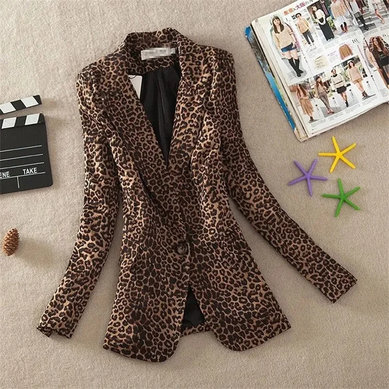 Women's Long Sleeved Leopard Print Slim Fit Suit 2026 Spring Autumn Korean Version OL Commuter Female Jacket Mini Suit Blazer