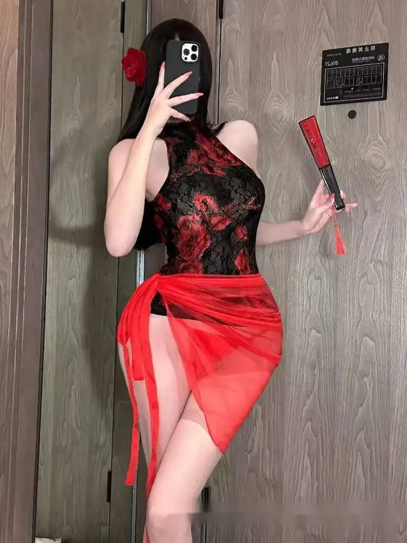 Pure Desire See-through Sexy Slit Hot Alluring Lace-up Nightdress Uniform Women's Set Dress Elegant Mesh Lace Sheer Sexy Top BZ7