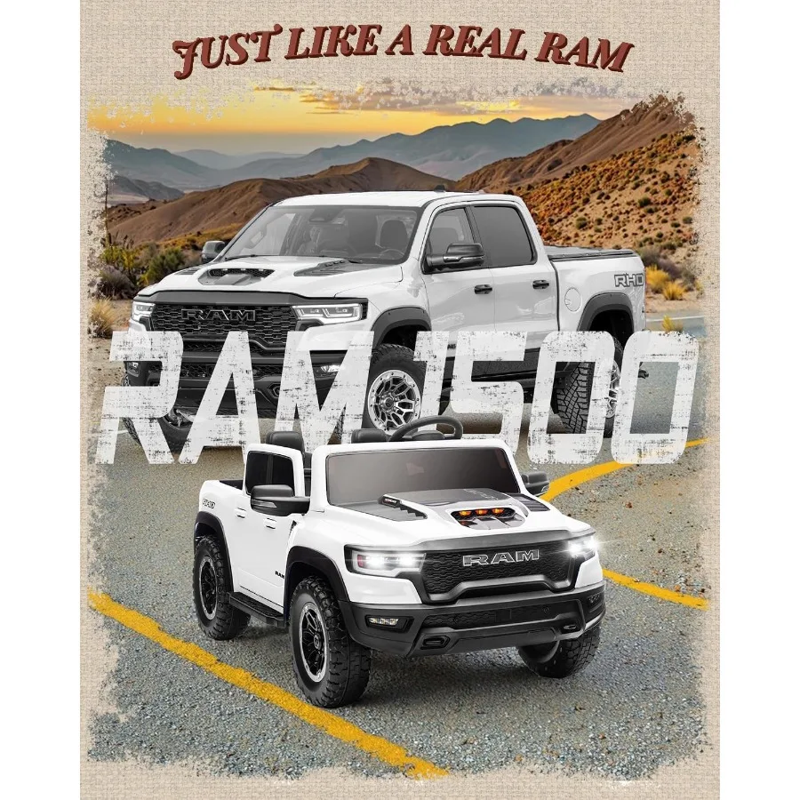 รถยนต์ไฟฟ้า 2 ที่นั่งสำหรับเด็ก RAM 1500 RHO 24V ขับเคลื่อนด้วยแบตเตอรี่ พร้อมรีโมทคอนโทรล ของเล่นเด็กแบบขับขี่ได้ พร้อมไฟ LED และบลูทูธ