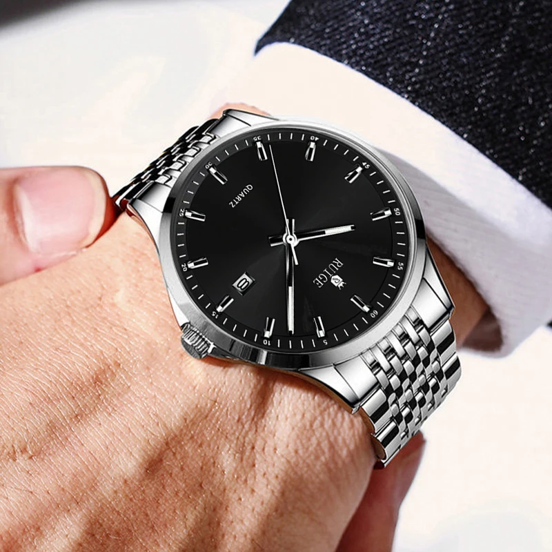 루이게 패션 비즈니스 남성용 쿼츠 시계 스테인리스 스틸 캘린더 남성용 야광 방수 트렌디 시계