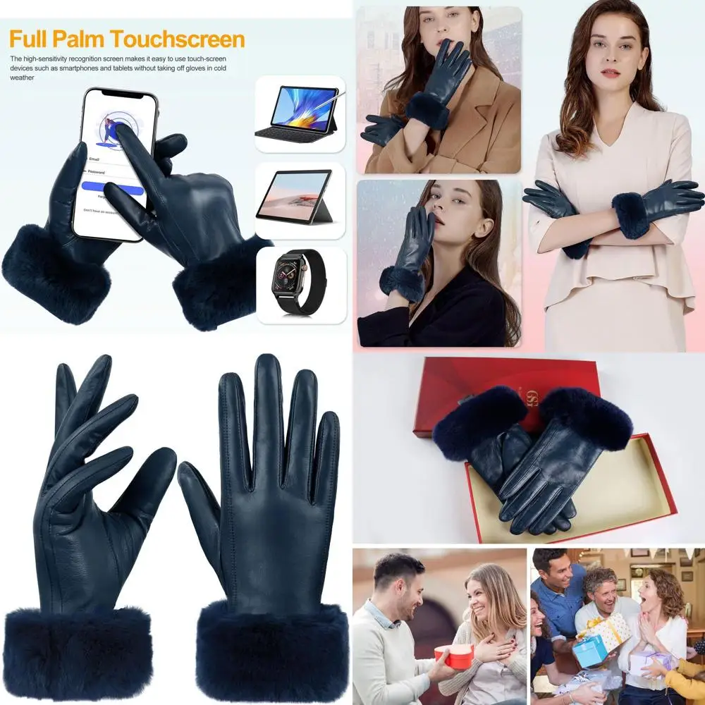

Женские кожаные перчатки с манжетами из кроличьего меха и сенсорным экраном для теплого зимнего вождения, разноцветные