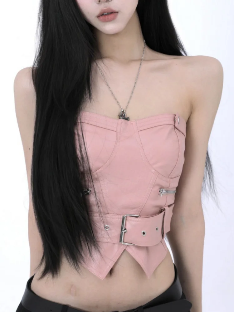 Y2k Strapless Sleeveless Sexy Slim PU Chest Korean Fashion Chain Zipper Short Top