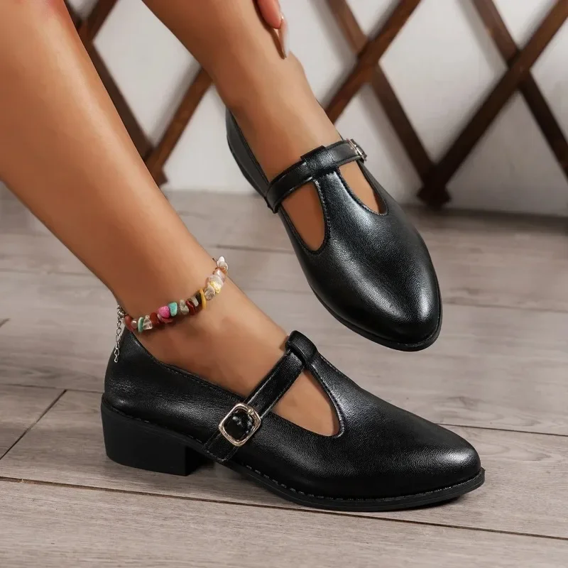 2025Women Pumps Solid Color  Jane Shoes Woman Buckle Strap Casual High Heels Shoes Woman Fashion Sexy Pointed Toe