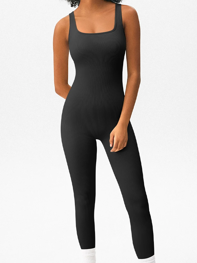 

Women's Sleeveless Yoga Jumpsuit Solid Color Ribbed Square Neck Sleeveless Fitness Sports Yoga One-piece Jumpsuits