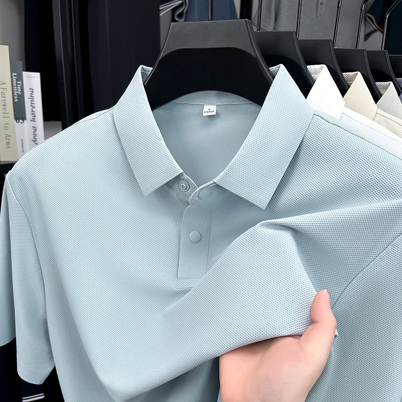 

High quality ice silk no trace short sleeve polo shirt simple solid color summercool comfort fashion button design men's T-shirt