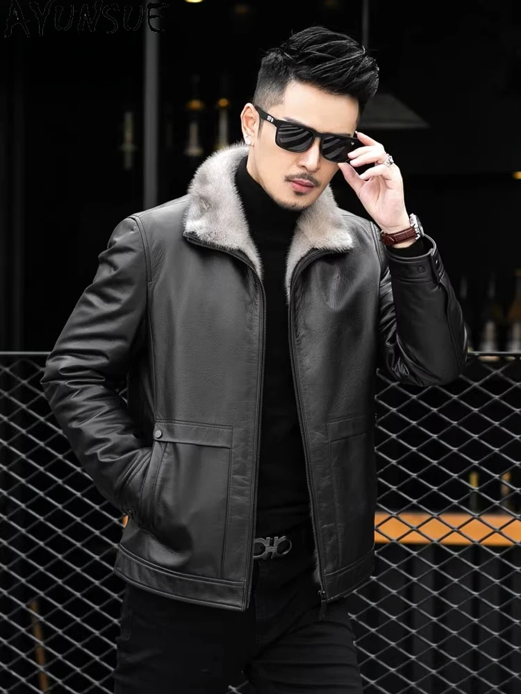 AYUNSUE100% Natural Cow Leather Jacket Men Winter High-end Mink Fur Liner Coat Warm Genuine Leather Jackets Man Chaquetas Hombre