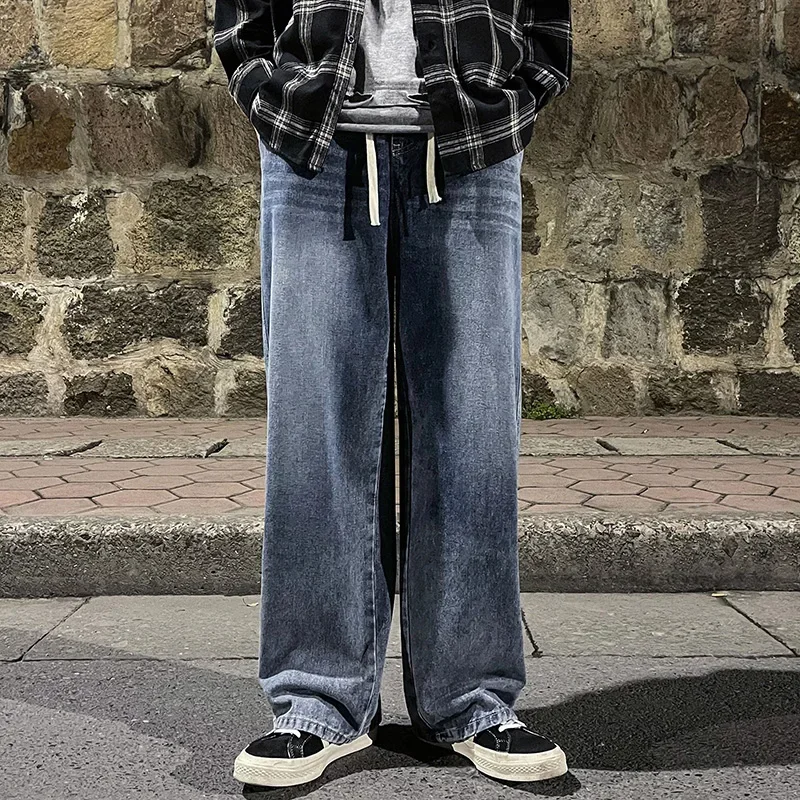 Jeans largos com cordão lavado masculino, calça de pernas largas, rua alta, nova tendência, primavera e outono, 2022