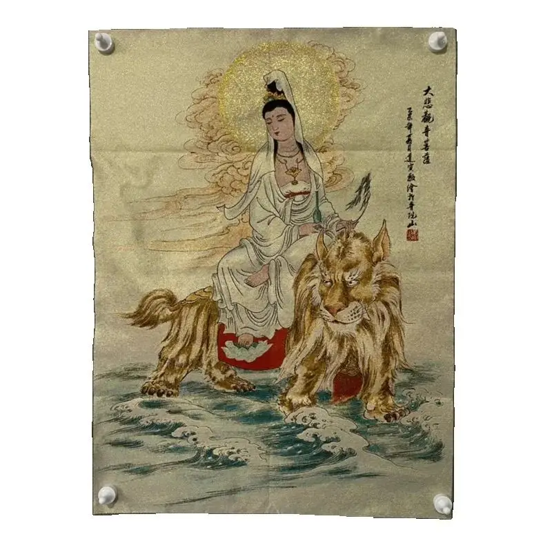 Peinture Tangka chinoise antique en brocart de soie, broderie murale de Guanyin de la Grande Compassion, art mural pour la décoration intérieure