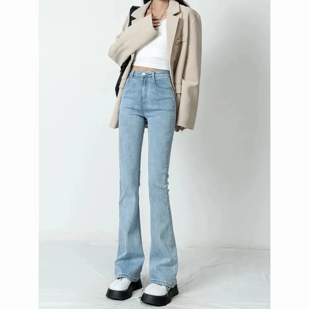 Stretch Flare Jeans Women High Waist Full Denim Pants Spring Blue Elastic Skinny Trousers Korean High Waist Flare Leg Blue Jeans