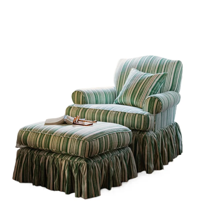 

French retro fabric sofa chair, small apartment balcony single, American antique striped solid wood leisure chair