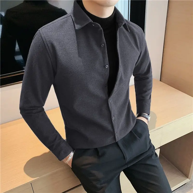 Lente En Herfst Heren Vierkante Hals Pullover Effen Knopen Casual Mode Elegante Commuter Leave Tweedelige Top Lange Mouw Shirt