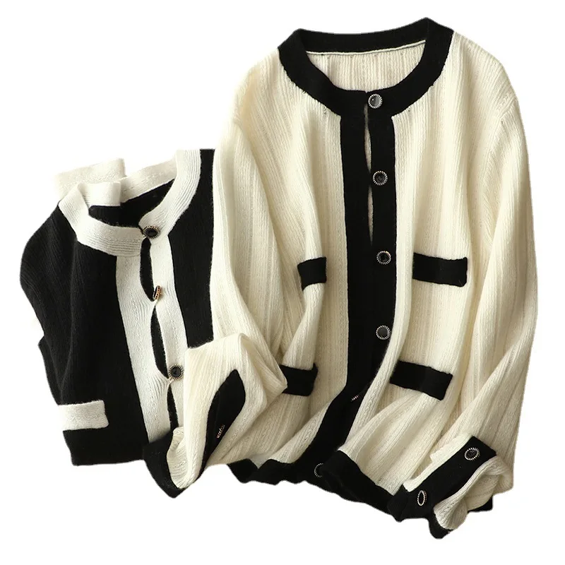 masigoch autumn france new contrast chic outerwear luxury knits 100% cashmere cardigan women