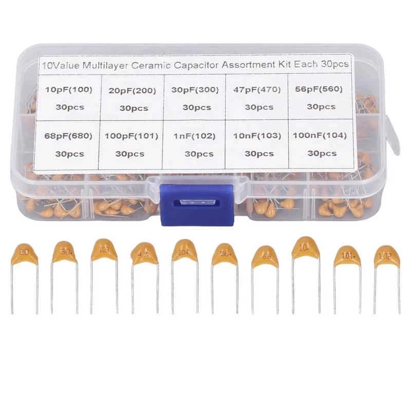 

300Pcs/Box Monolithic capacitor kit 10 Values * 30Pcs 50V 10PF 20PF 30PF 47PF 56PF 68PF 100PF 1NF 10NF 100NF