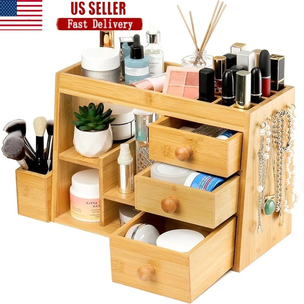 

Bamboo Makeup Organizer with 3 Drawers 12-Grid Lipstick Holder Jewelry Storage Vanity Cosmetic Organizer Home Office Countertop