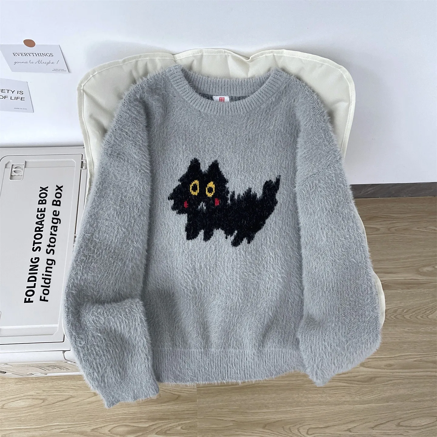 

Мужской вязаный свитер с милым узором, в американском стиле, для пар, из искусственного меха норки, мягкий, с длинными рукавами, круглым вырезом, весенняя повседневная одежда