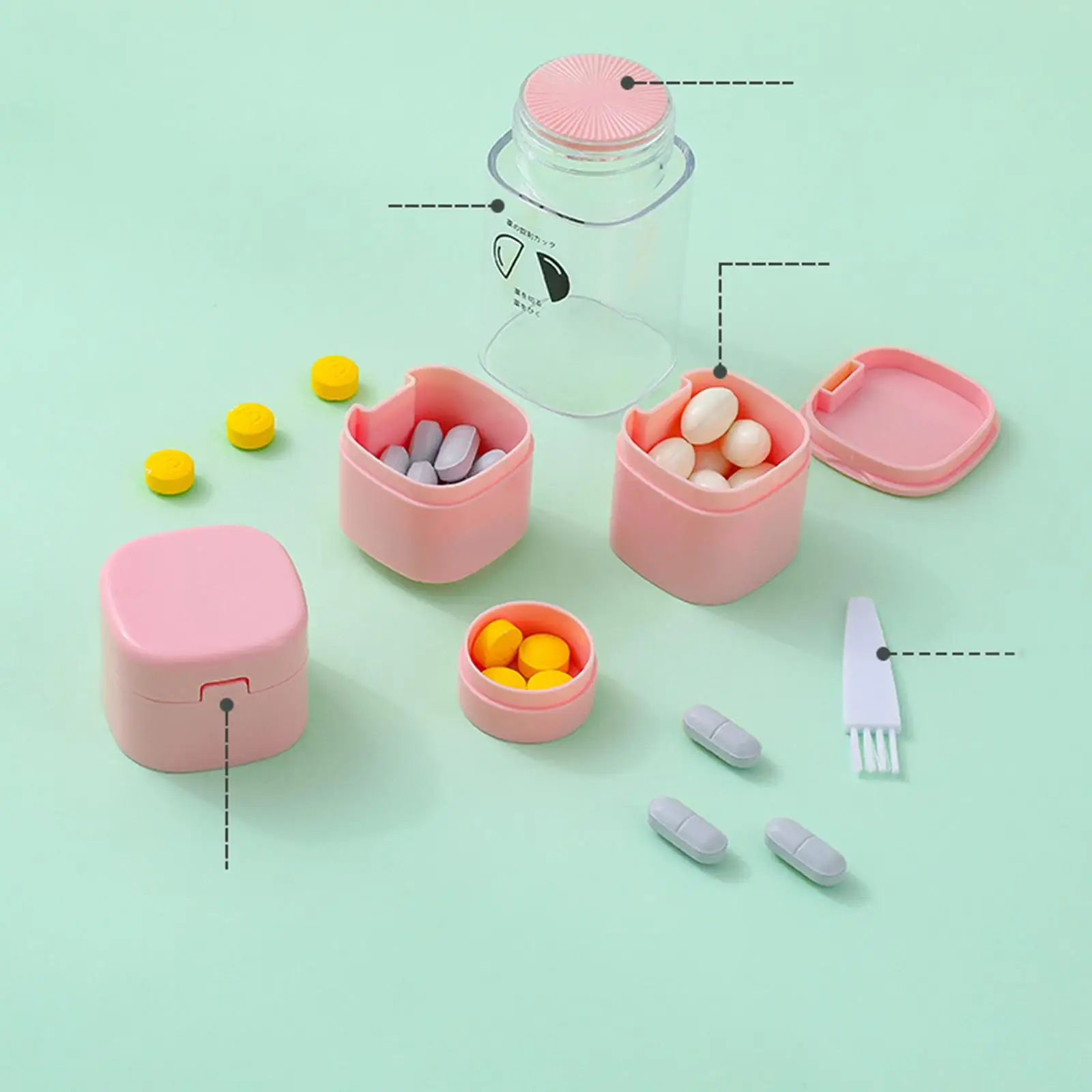 Portable Pill and Splitter for with Built in Cup and Two Layer Storage for Daily Medication