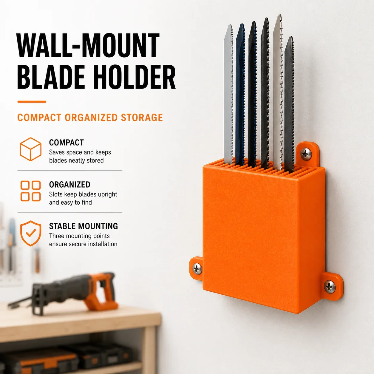 Orange  Wall-Mounted Reciprocating Saw Blade Holder Compact Workshop Tool Storage Rack with Anti-Tip Slot Design