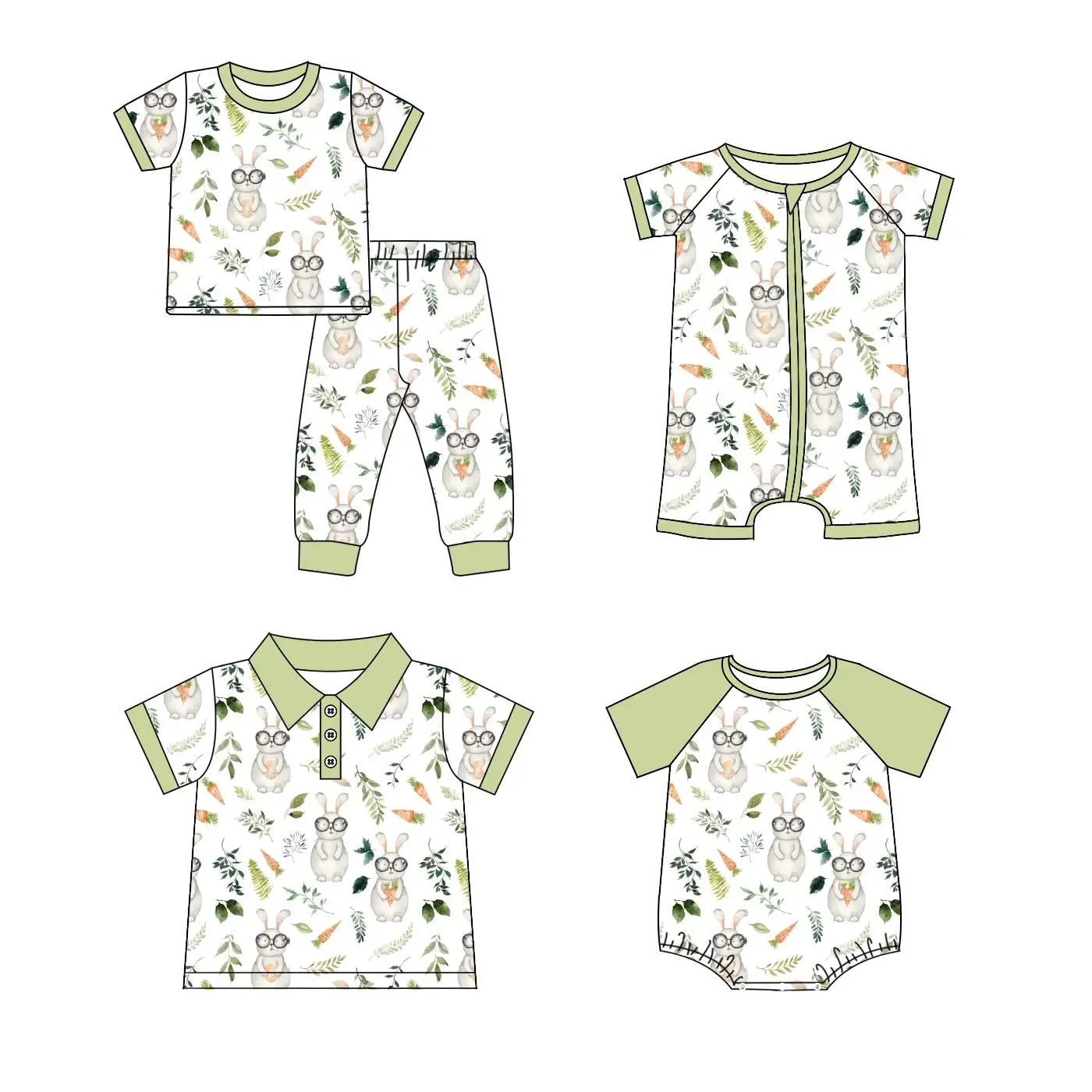 Easter short-sleeved bunny leaf print trousers boutique children's pajamas set baby zipper jumpsuit shirt