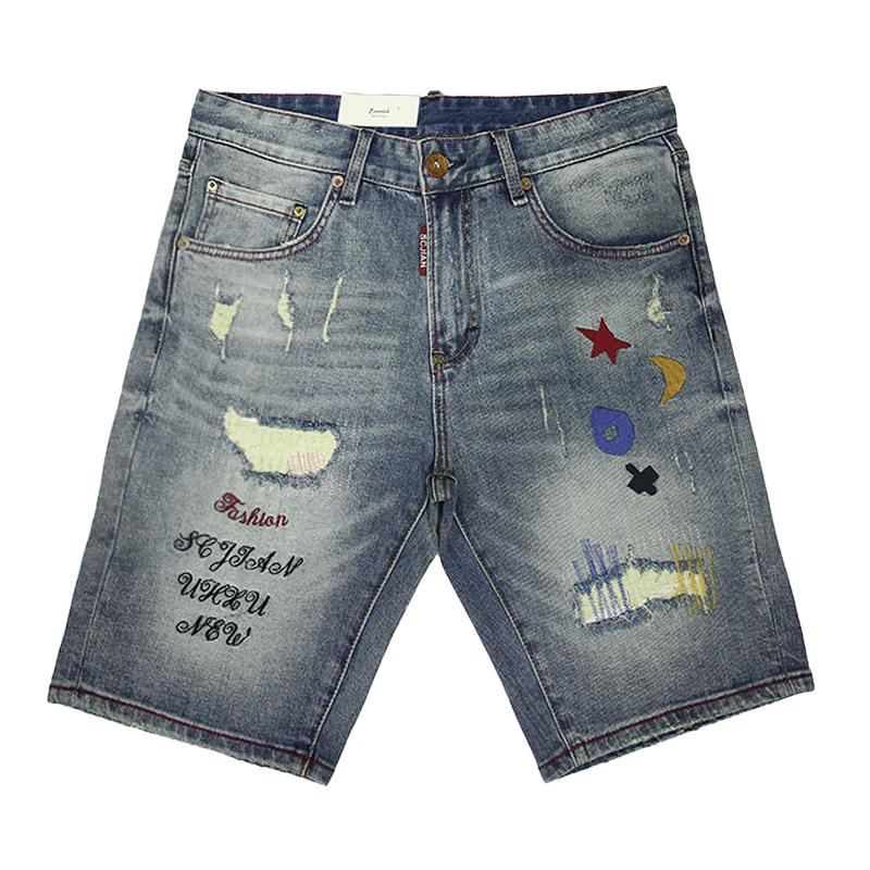 

J1011Men's denim shorts men's light luxury five-minute trousers embroidered straight with the trend of fashionable holes fashion