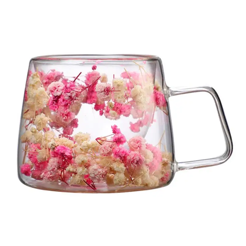 200ml Double Wall Glass Cup Clear Dried Flowers Glass Tea Cup Double Wall Glass Dried Flowers Tea Cup Heat Resistant Tea Cups