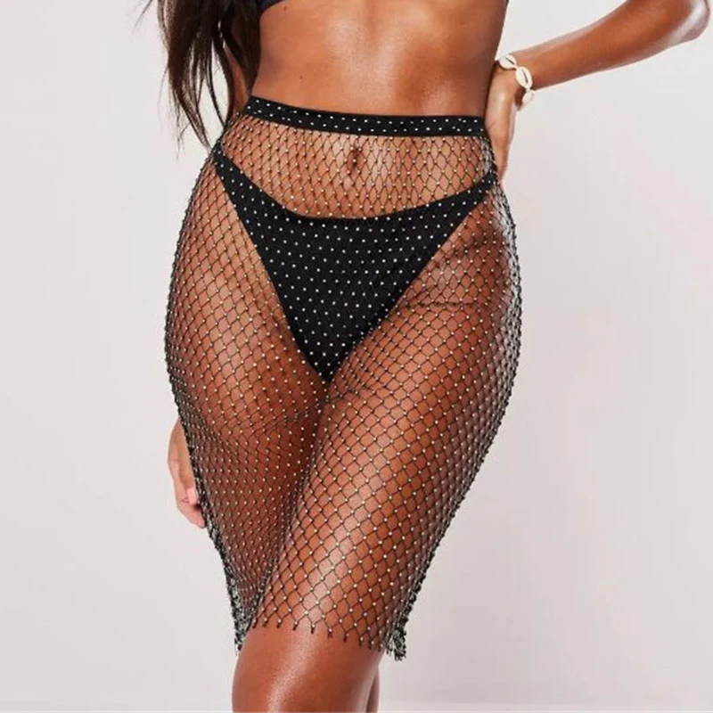 Fishnet Crystal Rhinestone Skirt Hollow Out Mesh Sexy Festival Rave Party Women Beach Skirts For Bikini Cover Up Falda Mujer