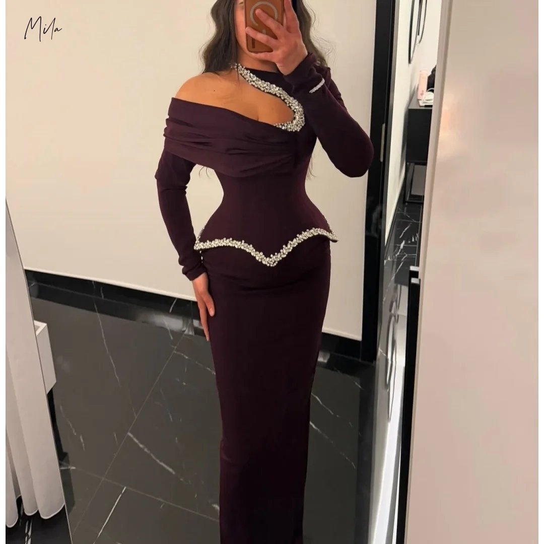 Mila Plum Off Shoulder Prom Dresses Long Sleeves Beaded Trim Mermaid Floor Length Customized Formal Evening vestidos de gala