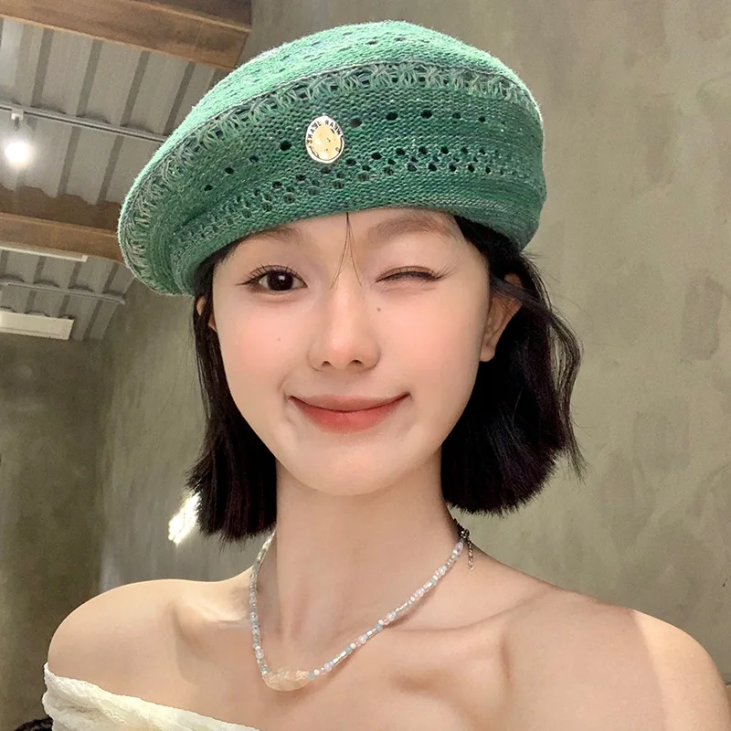 Vintage hollow mint green beret women's summer thin breathable face small bud hat big head circumference painter hat