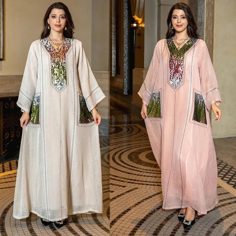 

Muslim 2023 Fashion Dresses Middle East Dubai Squin Embroidered Robes Ramadan Elegant Long Sleeve V-neck Abaya Party Dress