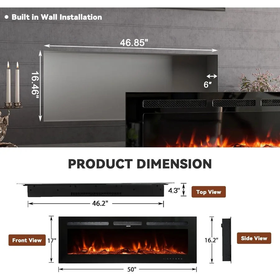 50 Inch Electric Fireplace Wall Mounted and Recessed LED Fireplace with Remote Control 8h Timer 12 Flames Touch Screen InWall F