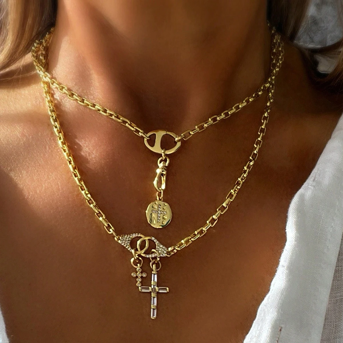 

1 шт. Изысканное ожерелье с двойным отверстием и свиным носом, ожерелье с крестом и круглым крестом, подходит для повседневного ношения