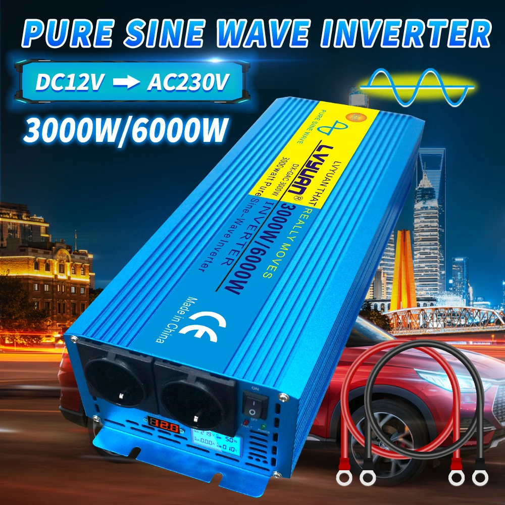 4000W/5000W/6000W Pure Sine Wave Inverter DC 12V/24V To AC 220V 230V Voltage Converter LCD & LED Display Dual EU Socket